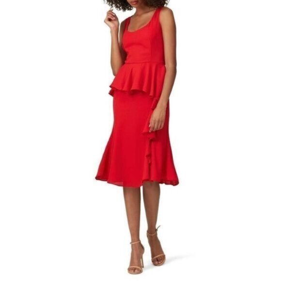Prabal Gurung Cherry Red Ruffled Cocktail Sheath Midi Dress in Women's 14 - Picture 1 of 10